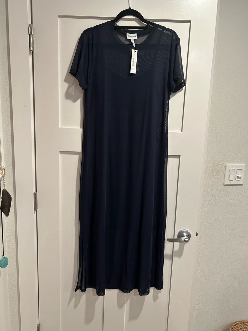 Steve Madden Navy Sheer Short-Sleeve Maxi Dress